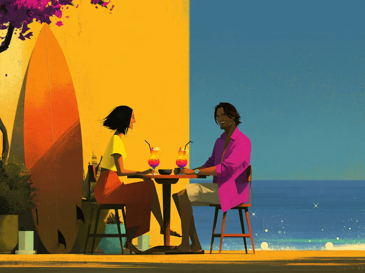 Two people sitting across a small table with drinks at golden hour by the sea, leaning into an easy conversation — the shared context of a relationship that persists.