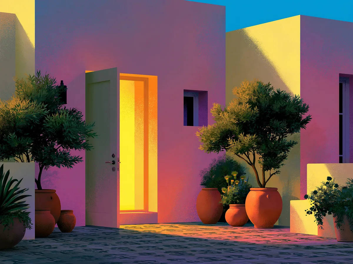 A quiet Mediterranean courtyard at dusk with a softly glowing doorway and potted plants — a calm, private space that's yours alone.